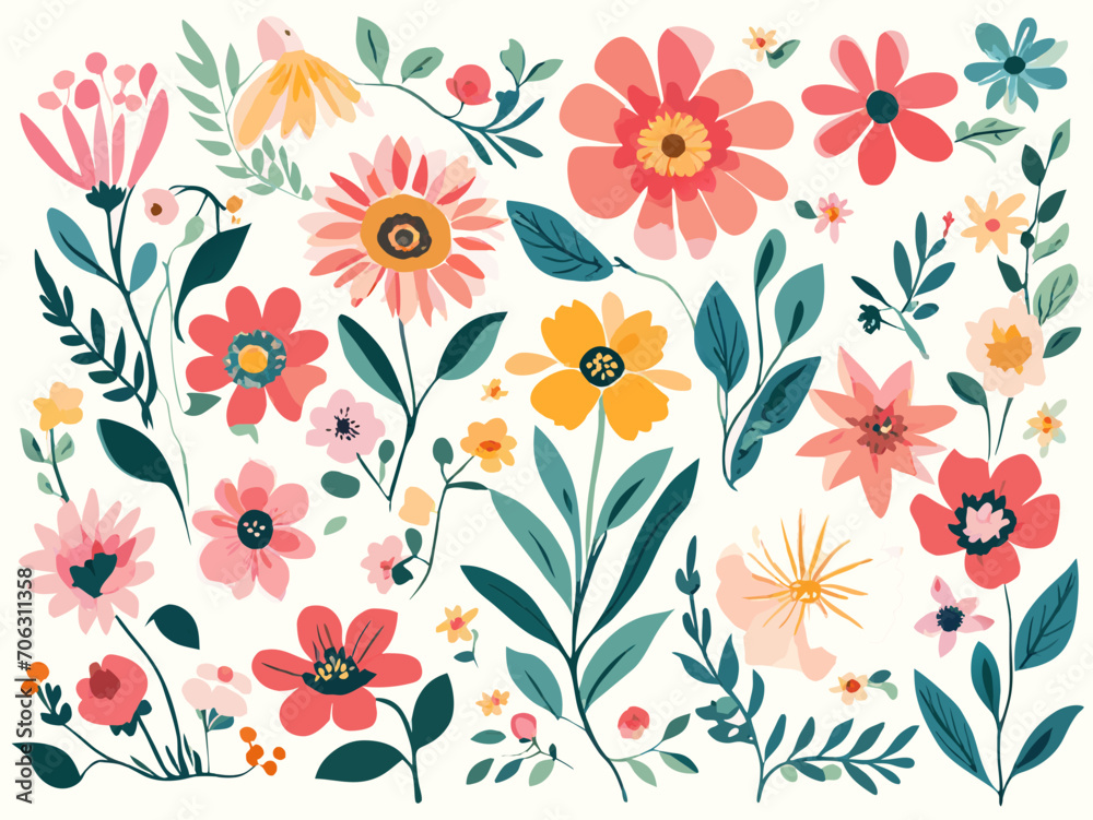 Vector collection of colorful watercolor spring flowers