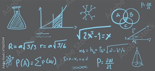 Creative vector illustration of handwritten math equation, physics formulas and figures background.