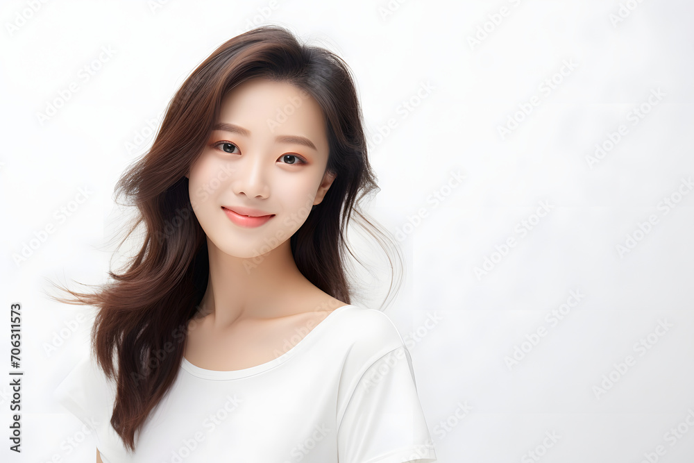 Radiant Asian teenager with flowing hair, emanating positivity through a brilliant smile, captured against a clean white background for a youthful and vibrant feel. Generative AI. Radiant Asian teenager with flowing hair, emanating positivity through a brilliant smile, captured against a clean white background for a youthful and vibrant feel. Generative AI.
