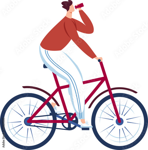 Man drinking water while riding a red bicycle. Casual cyclist hydrating on bike ride. Healthy lifestyle and fitness routine vector illustration.