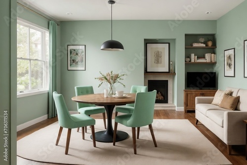 Beautiful green dining room decorated with modern Scandinavian styles. Modern Scandinavian and Eco-friendly interior design concept. © PNG&Background Image