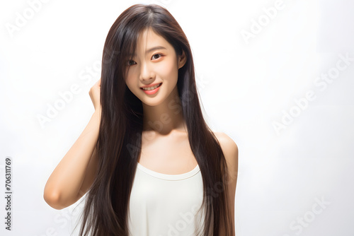 Radiant Asian teenager with flowing hair, emanating positivity through a brilliant smile, captured against a clean white background for a youthful and vibrant feel. Generative AI.