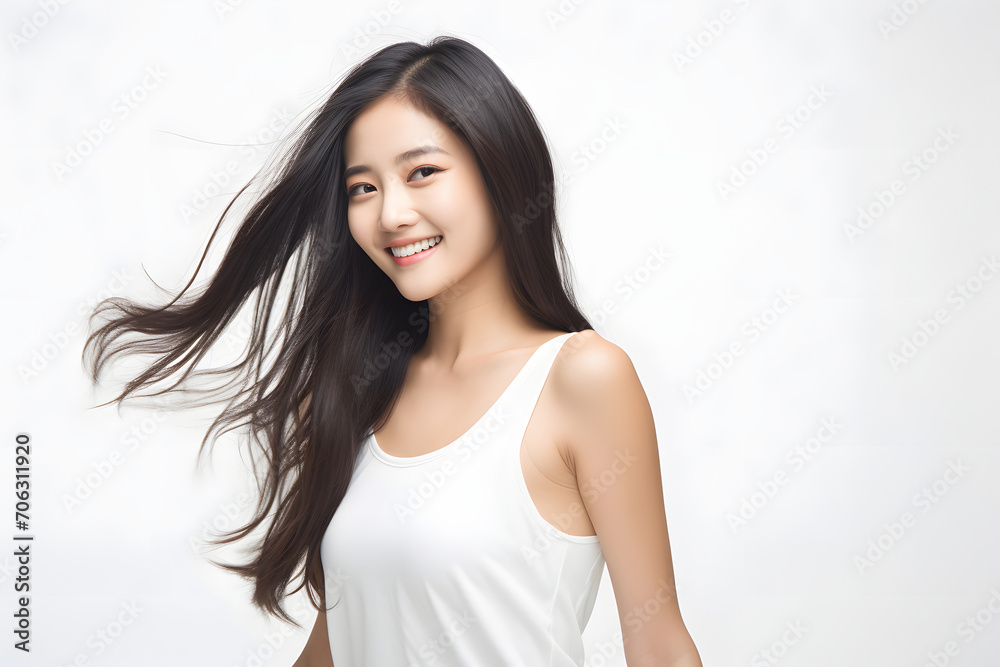 Youthful exuberance on display of A charming Asian teenager with long, windswept hair and a beaming smile, creating a positive uplifting image against pure white backdrop. Generative AI. Youthful exuberance on display of A charming Asian teenager with long, windswept hair and a beaming smile, creating a positive uplifting image against pure white backdrop. Generative AI.
