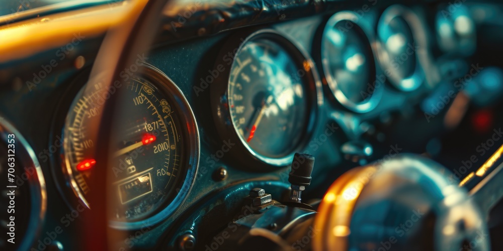 Close-up view of a car dashboard. Ideal for illustrating automotive technology or the driving experience