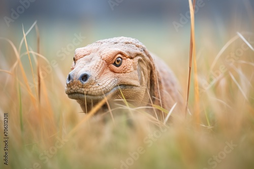 komodo dragon stalking prey in tall grass