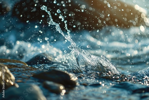 Water splashing on rocks in a river, perfect for nature and outdoor themes