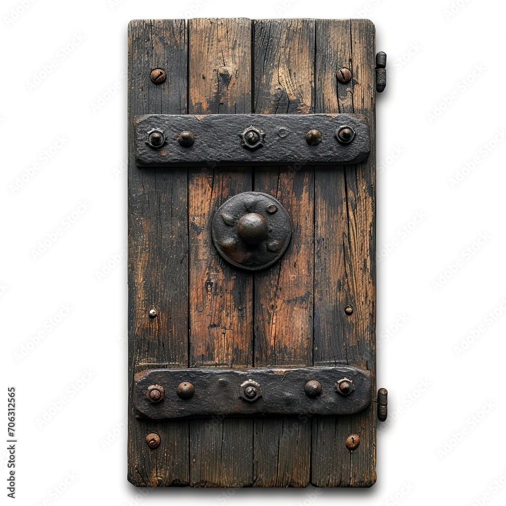 Ancient Clapper On Wooden Door, White Background, Illustrations Images