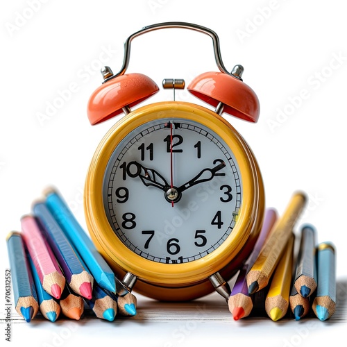 Alarm Clock Pencils Case On Table, White Background, Illustrations Images