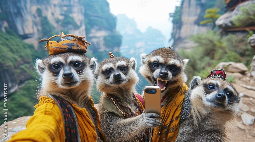 Three lemurs taking a selfie in Zhangjiajie, China