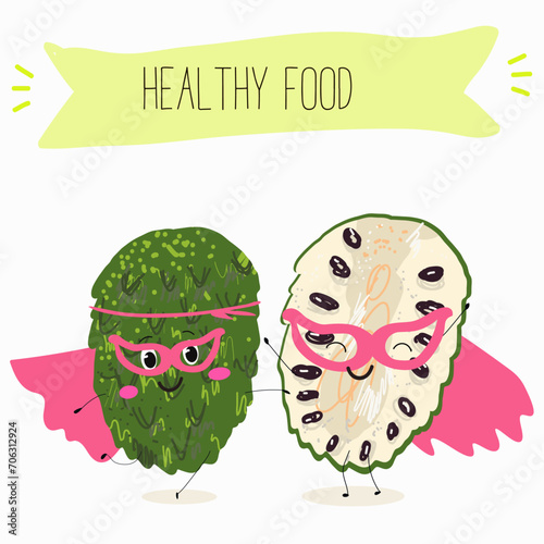 Cute  cartoon soursop, annona, graviola, guanabana, 
citrus, characters with different activities. Flat vector illustration, funny fruits. Organic food.