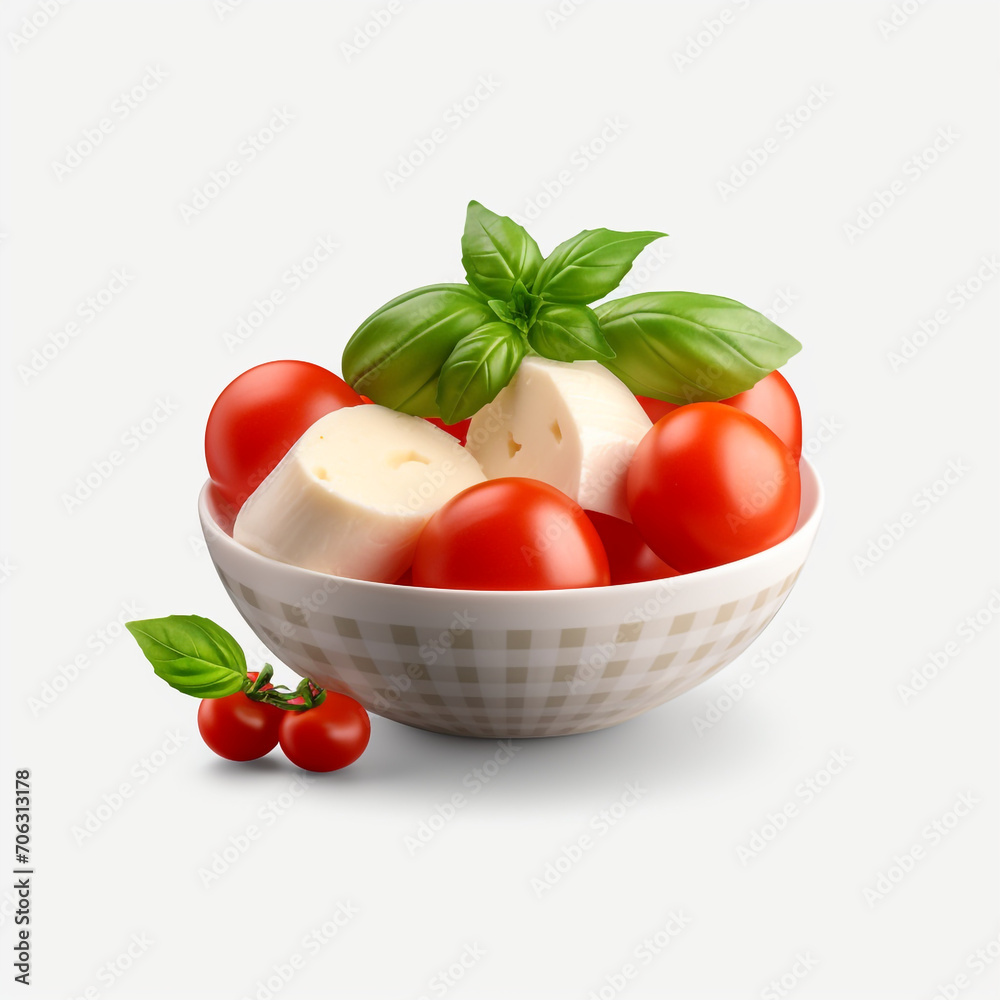 bowl of fresh tomato and mozzarella cheese with basil on a transparent background created with Generative Ai