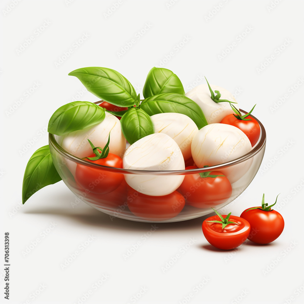 bowl of fresh tomato and mozzarella cheese with basil on a transparent background created with Generative Ai