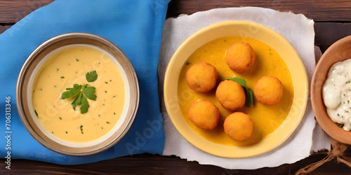 Kadhi pakoda: Gram flour with yogurt with gramflour fried balls on the wooden table top view with copy space photo