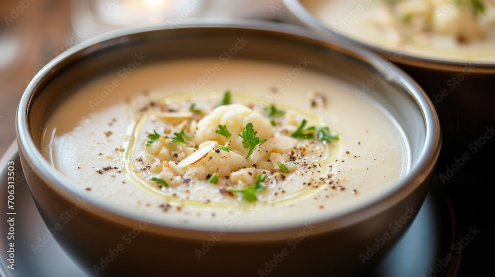 Cauliflower soup with almonds.