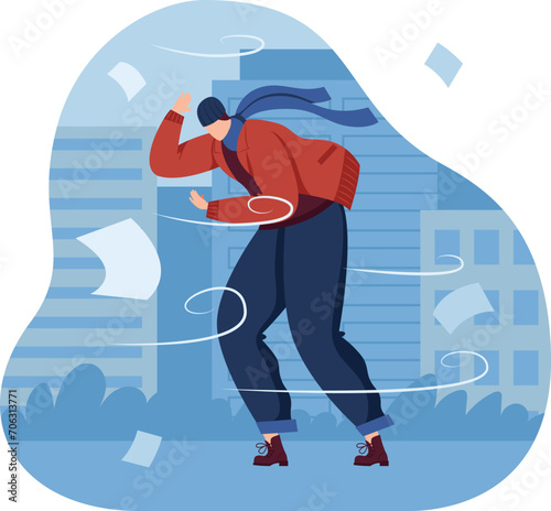 Person in windy city struggling with breeze. Man battles strong wind in urban setting. Extreme weather city life vector illustration.