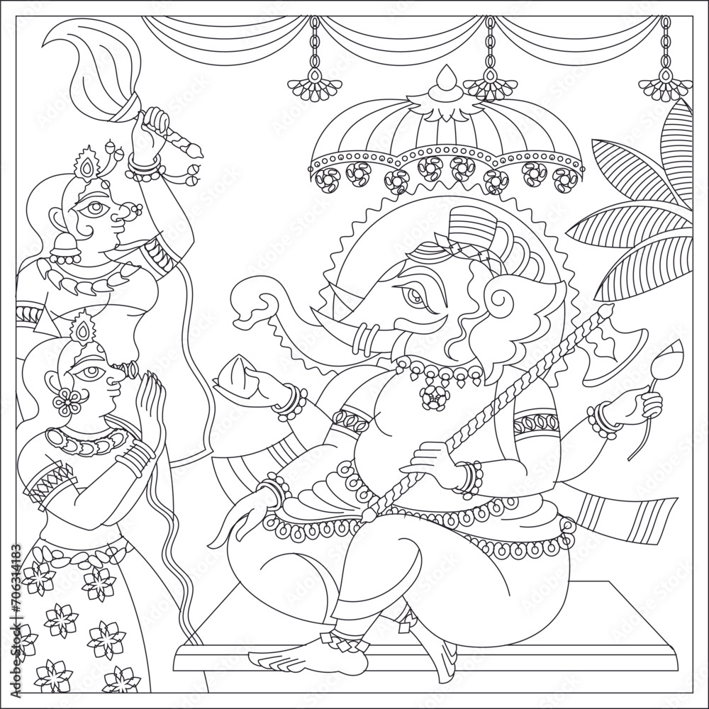 Illustration of Lord Ganpati/Ganesha drawn in Pinguli folk art style of Maharashtra India. for textile printing, logo, wallpaper	