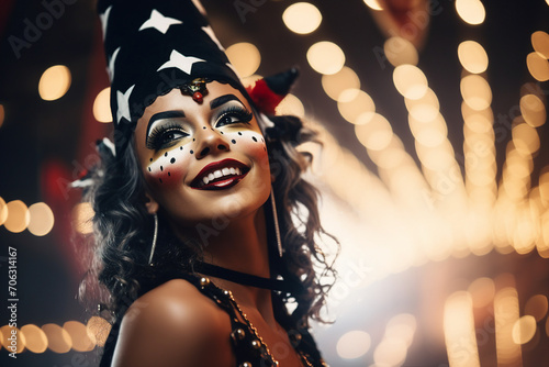 Circus performer clown magician showman in retro costume miracle time Generative AI photo