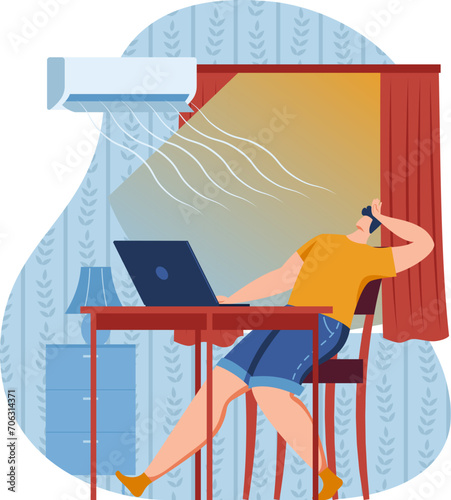 Woman with a headache at desk under air conditioner. Indoor discomfort and temperature change. Health and office environment vector illustration.