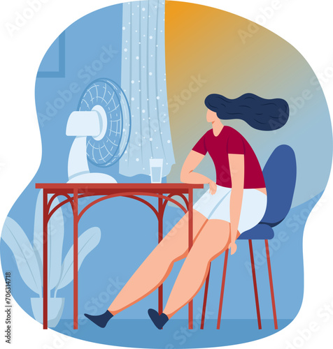 Woman sitting at desk with a fan to cool off on a hot day, casual attire, indoor setting. Comfortable home environment, summer heat, relaxation vector illustration.