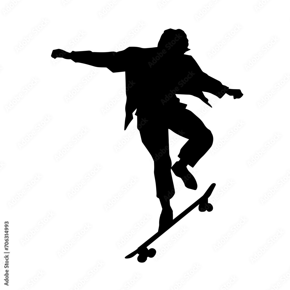 Fototapeta premium Silhouette of a male in action pose on skateboard. Silhouette of an urban boy on skateboard.
