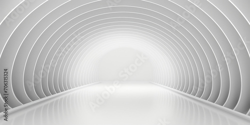 White tunnel with a round light at the end. Long white corridor with light and shadow. Abstract stylish wave background, generative AI


