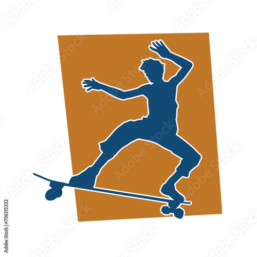 Silhouette of a male in action pose on skateboard. Silhouette of an urban boy on skateboard.
