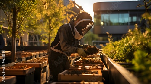 beekeeper in protective suit working on apiary in the garden, Beekeeper Tending To Beehives In A Sunset, Beekeeper Engaged with Bees in the Golden Hour Light © Micro