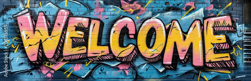 Generative AI, Colorful word Welcome as graffiti  symbol on the wall, street art. Melted paint.	
 photo