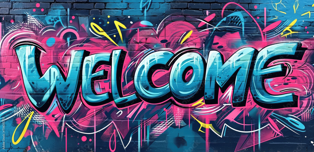 Generative AI, Colorful word Welcome as graffiti  symbol on the wall, street art. Melted paint.	
