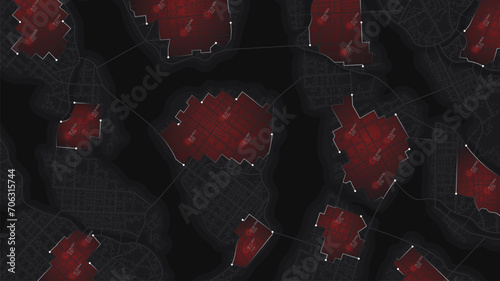 No access zone areas indicate closed zones, coordinates on map. Restricted area city districts, highlighted by red color. Limited access of roads with data on top of it. Editable vector illustration.