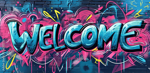 Generative AI  Colorful word Welcome as graffiti  symbol on the wall  street art. Melted paint.  
