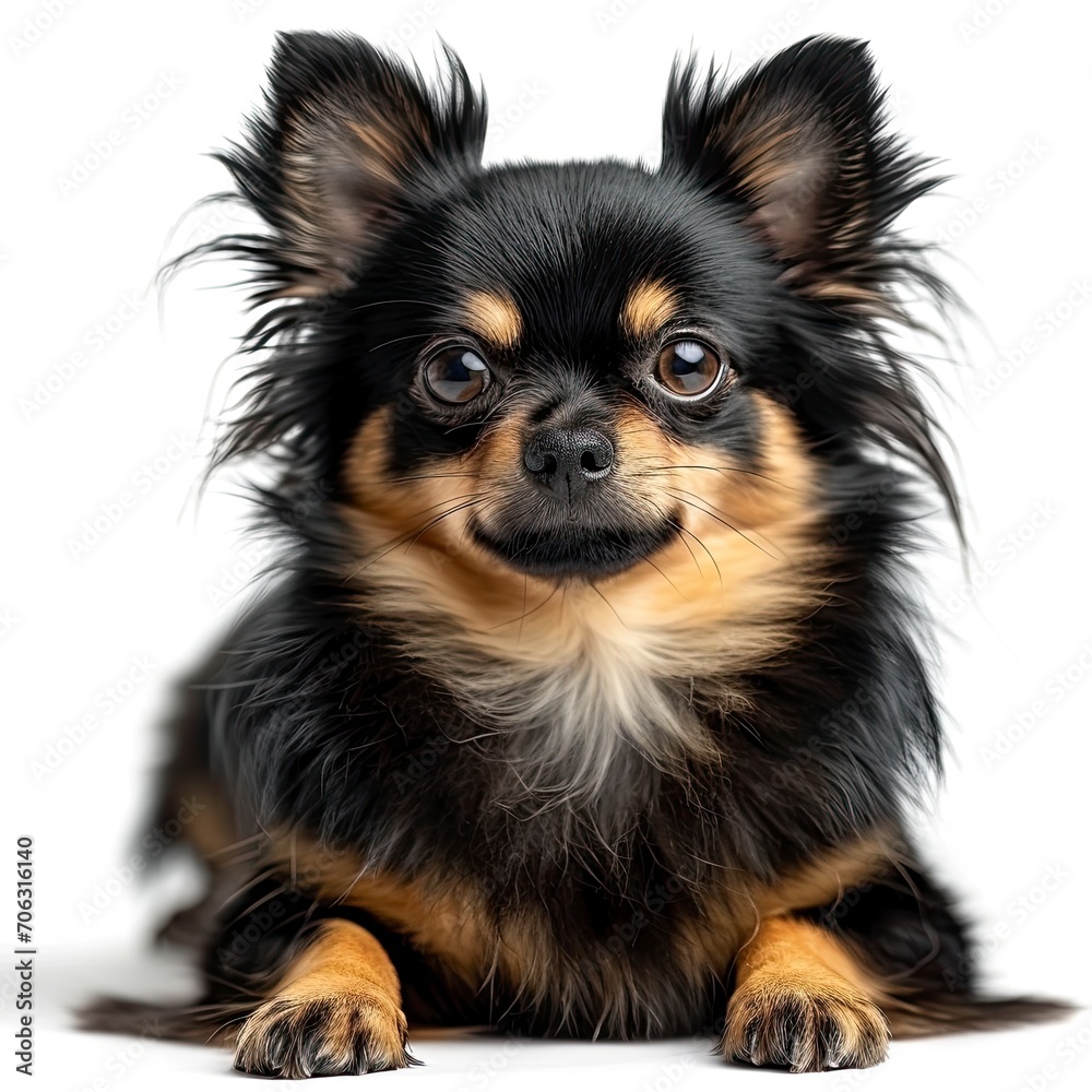 Brown Tricolor Chihuahua Dog Lying Down, White Background, Illustrations Images
