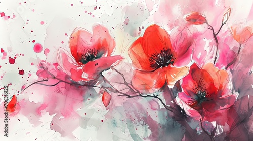 watercolor style illustration of flower bouquet blossom background wallpaper, color splash and wet in wet technique texture, Generative Ai