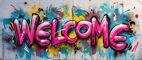 Generative AI, Colorful word Welcome as graffiti symbol on the wall, street art. Melted paint. 