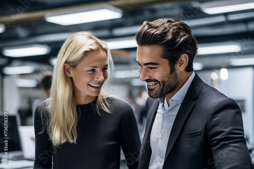Business meeting between man and woman in office workplace environment interview hire enrol introduce or conclude deal introduce each other in casual happy relaxed atmosphere