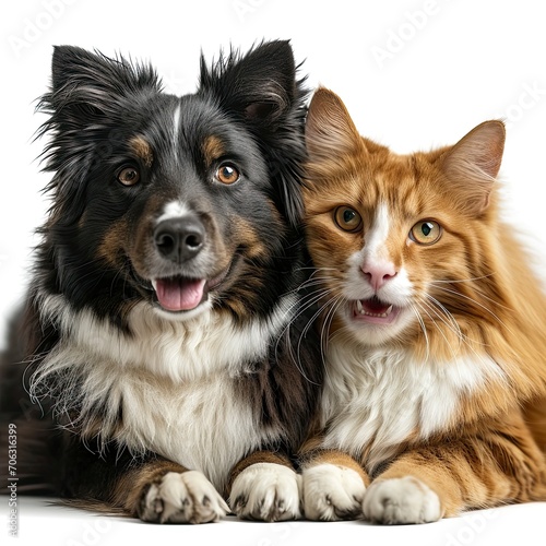Cat Dog Together Looking Camera, White Background, Illustrations Images
