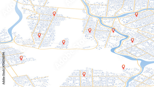 Point of intended goal  many markers. Isometric generic city map with signs. Abstract navigation plan of urban area with POI on it. City streets  destination tag or mark. Editable vector illustration