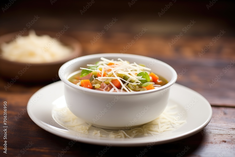 single serving of minestrone, side of grated parmesan cheese single serving of minestrone, side of grated parmesan cheese