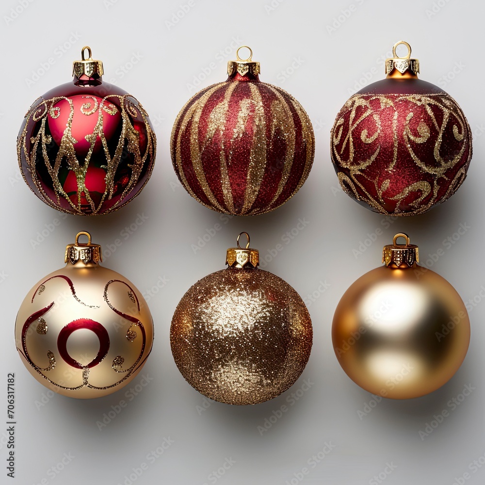 Christmas Tree Balls Gold Red Color, White Background, Illustrations Images