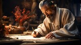 man working at home, Calligraphy Artistry: Skilled calligraphers create beautiful, intricate characters to bring good fortune, A skilled calligrapher creating intricate characters with grace 