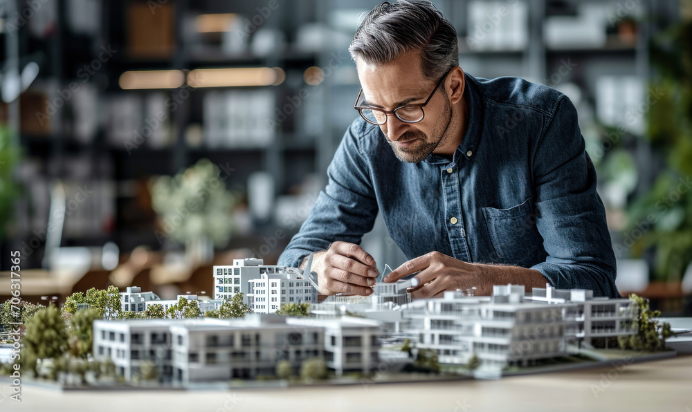 Focused Architect Reviewing a Detailed Architectural Model of Urban Buildings in a Well-Lit Modern Office Setting