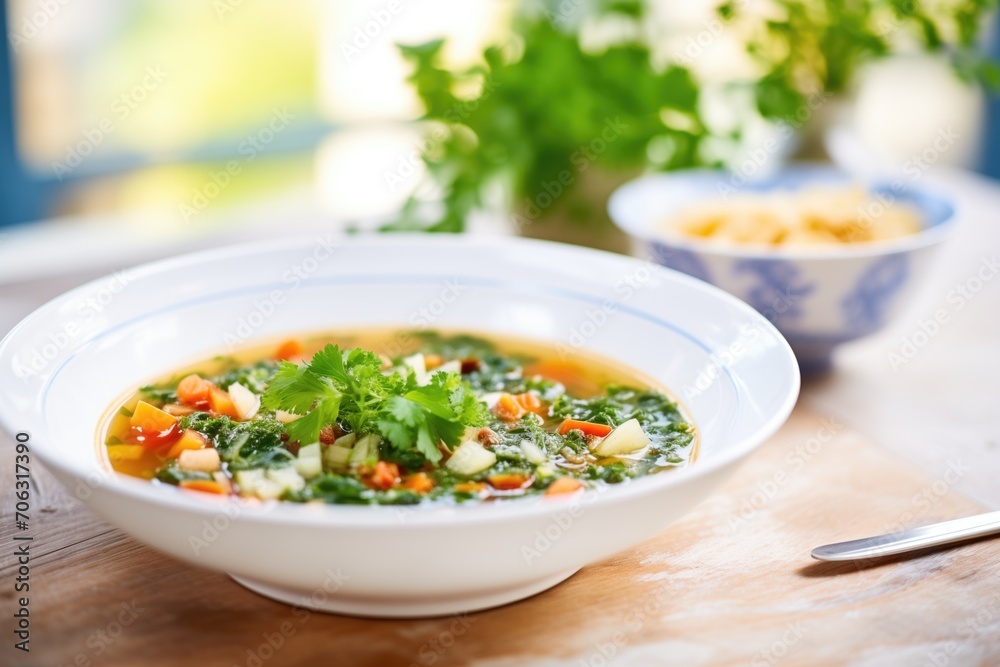 minestrone with fresh parsley, bright kitchen