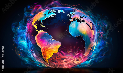 Vibrant and colorful illustration of the Earth with a glowing, neon-like effect, symbolizing global connectivity, digital innovation, and creative representation of technology
