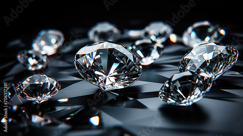 Brilliant cut diamonds scattered on a black surface, reflecting light and showcasing their flawless clarity and luxurious sparkle, symbolizing wealth and opulence photo