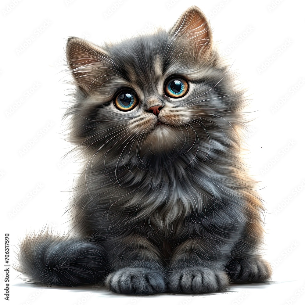 Closeup Kitten Gray Hair Do Crouching, White Background, Illustrations Images