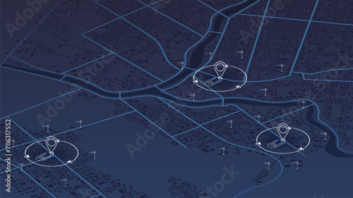 Graphic visualization background data on map graph. Abstract vector map of roads with data on top of it. Location data on an abstract map. Designated territories. Editable isometric illustration.