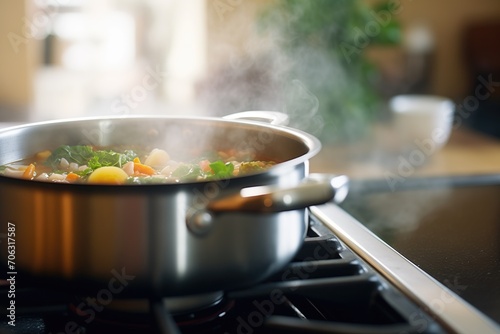 stainless steel pot of minestrone on stovetop, steam rising