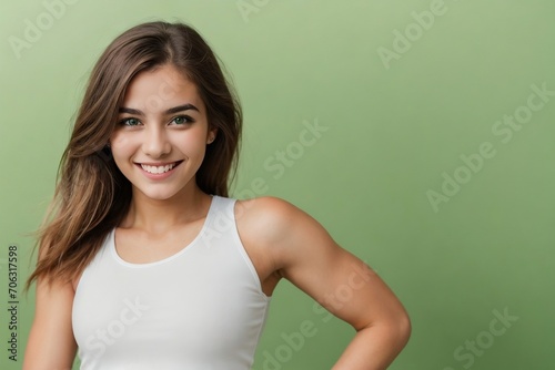 Young fitness woman standing against a green background with copy space.