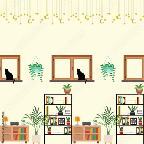 Seamless pattern: book room, window, black cat.