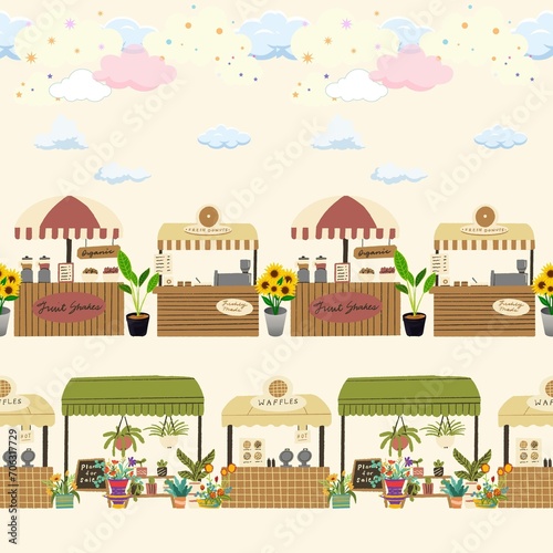 Seamless illustration of a coffee market, bakery amidst clouds and a clear sky.